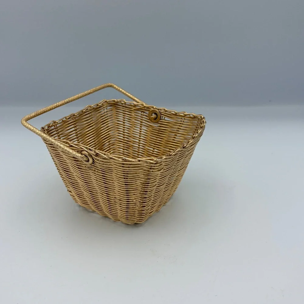 Gold Wire‎ Woven Square Basket With Handle Trinket Candy Storage Organizer